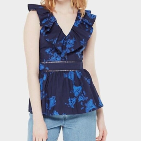 kate spade Tops - Kate Spade Size 4 Blue Floral Ruffle Peplum Blouse Hibiscus Sleeveless GUC